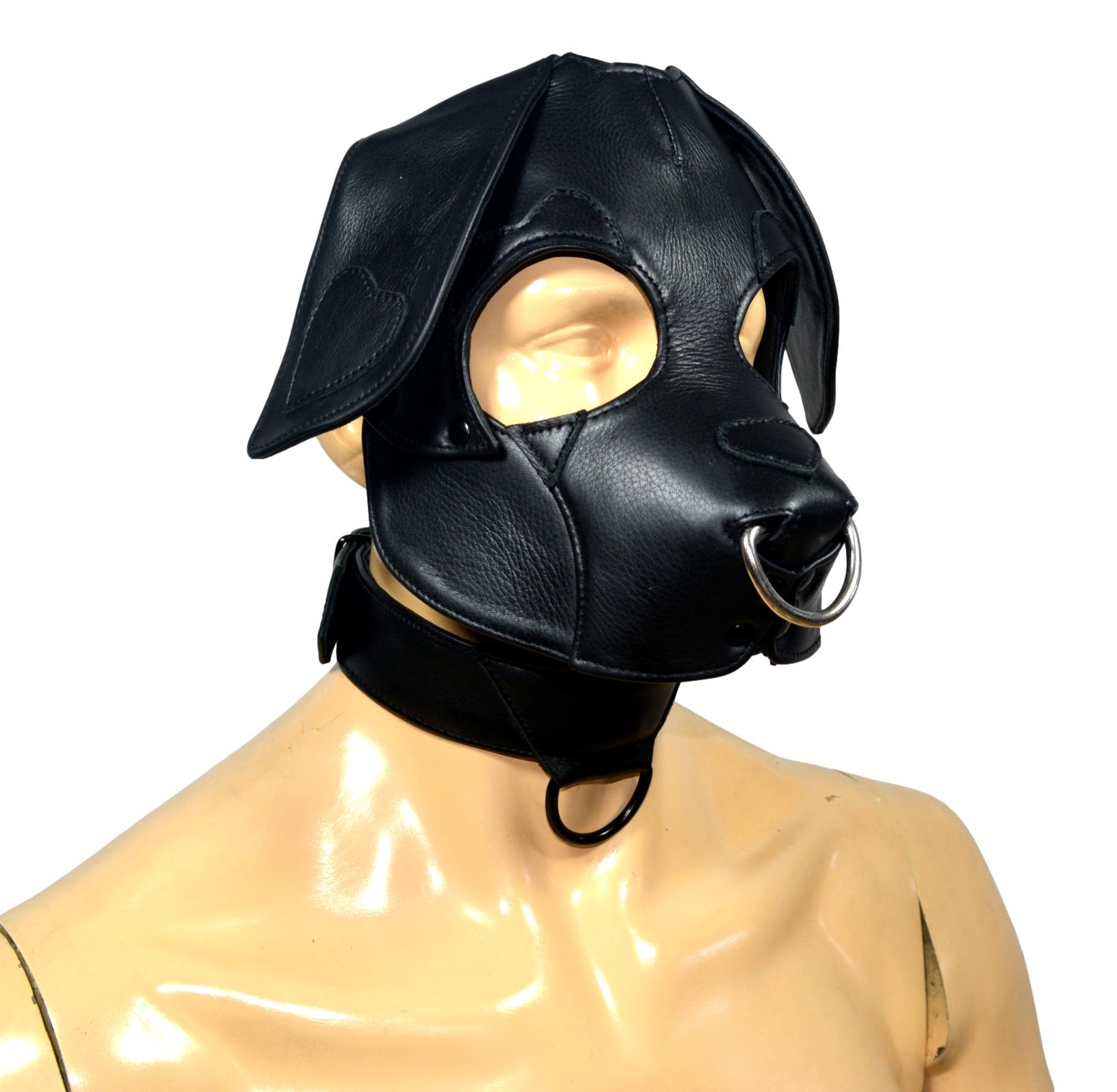 Black Leather Puppy Mask with Heart Ear Detail and Collar – Handmade Soft Dog Hood, Adjustable Strap, Custom Fit Pup Gear
