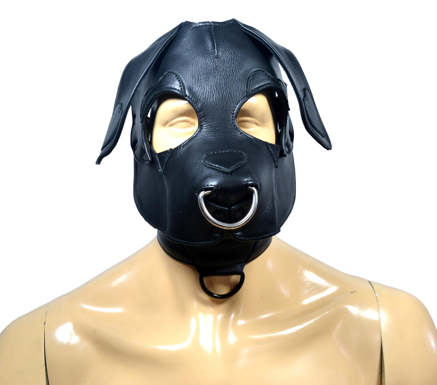 Black Leather Puppy Mask with Heart Ear Detail and Collar – Handmade Soft Dog Hood, Adjustable Strap, Custom Fit Pup Gear