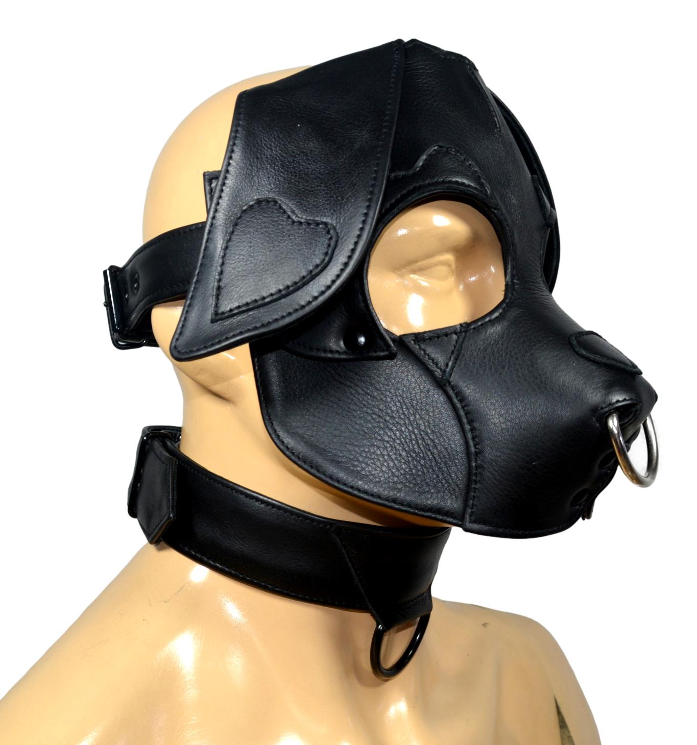Black Leather Puppy Mask with Heart Ear Detail and Collar – Handmade Soft Dog Hood, Adjustable Strap, Custom Fit Pup Gear