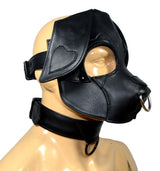 Black Leather Puppy Mask with Heart Ear Detail and Collar – Handmade Soft Dog Hood, Adjustable Strap, Custom Fit Pup Gear